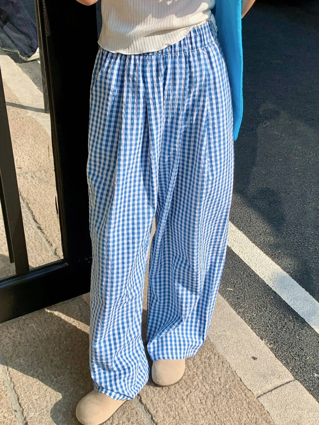 Plaid Wide Leg Pants Pockets Sping Summer High Waist Straight Loose Trousers Female