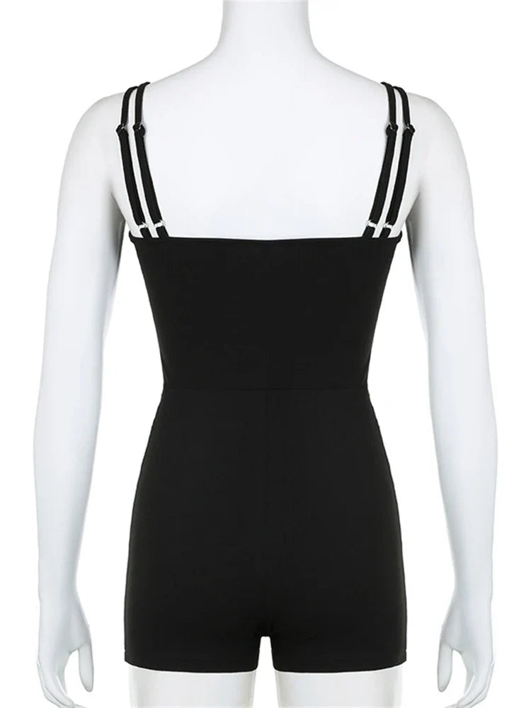 Summer Black Contrast Stitching Fitness Romper for Woman Sleeveless Backless Skinny Playsuit Street Workout Overalls