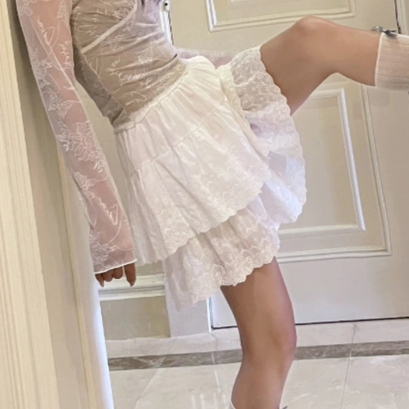 Korean Sweet Hook Flower Hollow Cake Skirt Summer New High Waist Color All Match Lace Aline Skirt
