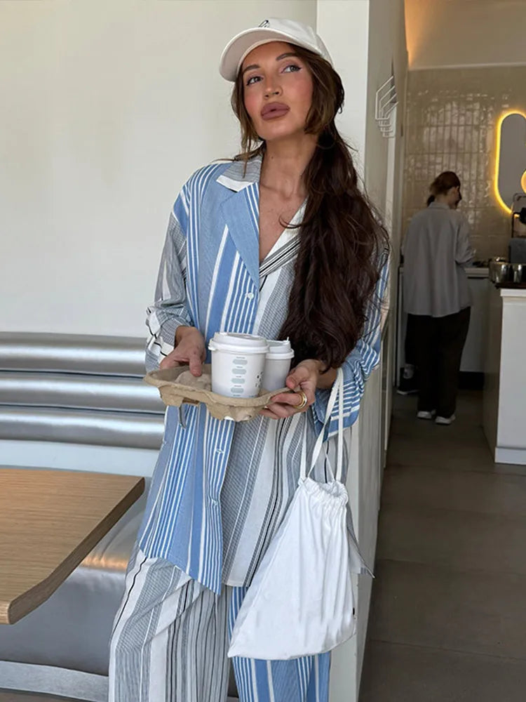 Stripe Loose Top Set Wide Leg High Waist Lady Pants Sets Contrasted Long Sleeve Turn-down Collar Female Suit