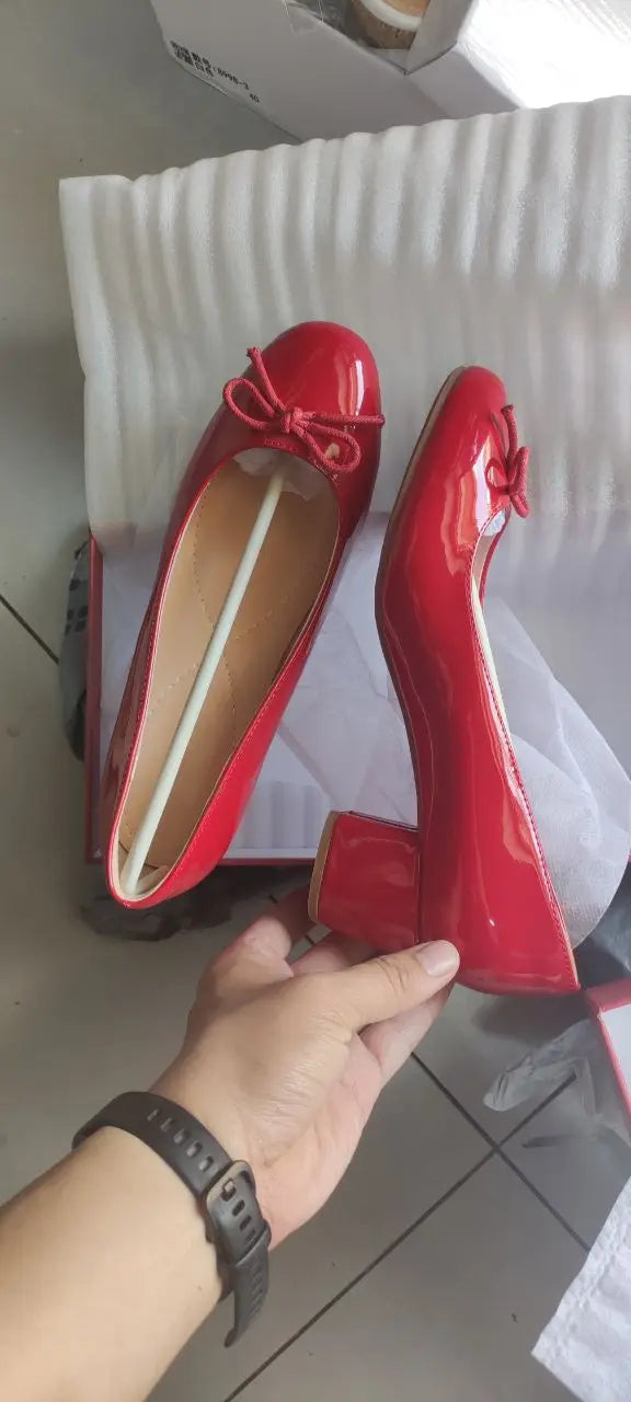 Spring New Round Toe Burgundy Cherry Red Ballet Shoes High Low Heel Bow Pumps Low Top Flat Patent Leather Small Red Shoes