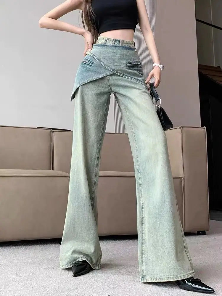 Light Blue Jeans Irregular Belt Cowboy Denim Straight Wide Leg Pants Female 90s Do Old Aesthetics Trousers