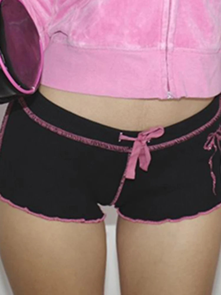 Sweet Korean Stitched Low Waisted Summer Shorts for Coquett Clothes Bow Ruched Skinny Hotpants Kawaii Homewear