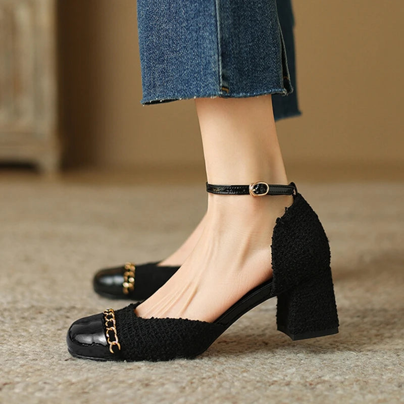 New Summer Sandals Cotton Fabric Shoes for Cover Toe Chunky Shoes Round Toe Cover Heel Sandals Splicing Chain Shoes