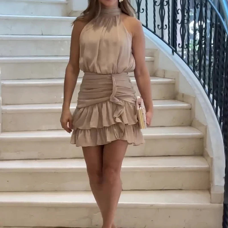 Oneck Slim Draped Party Dress Spring High Waist Ruffle Mini Dress Summer Sleeveless Bodycon Dress