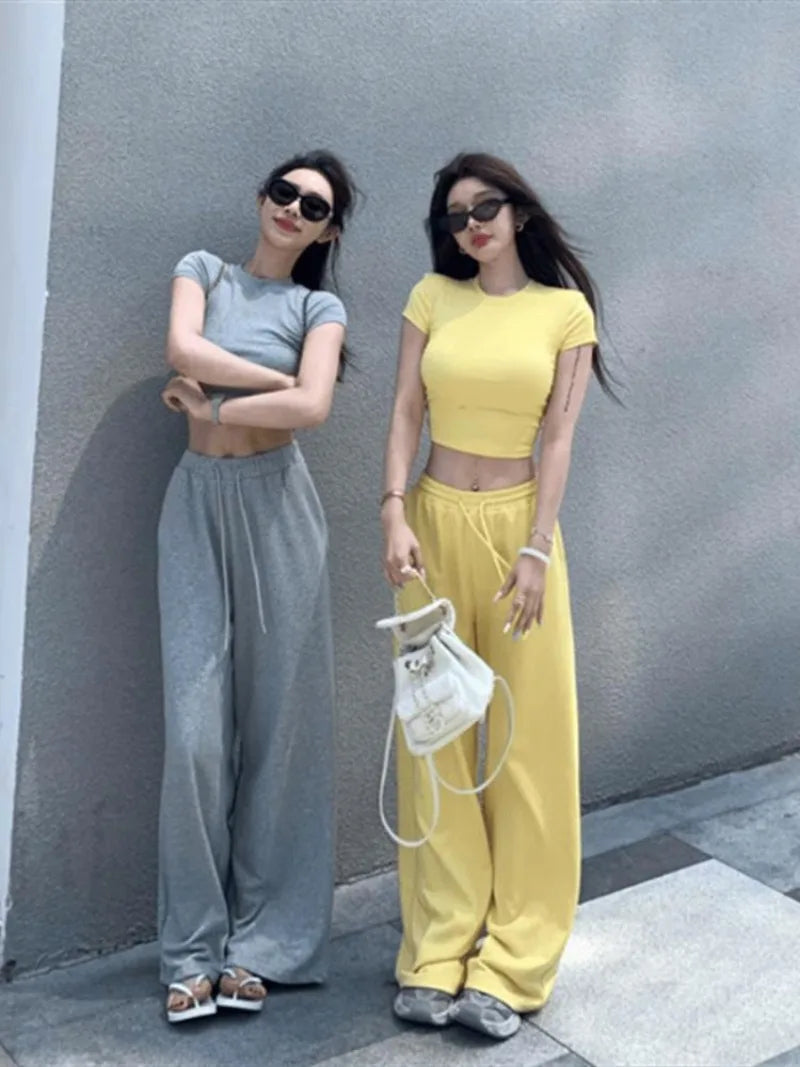 Sweet Hot Girl Suit Summer Slim Fit Oneck Shortsleeved Tshirt Wide Leg Long Pants Twopiece Set Female Clothes