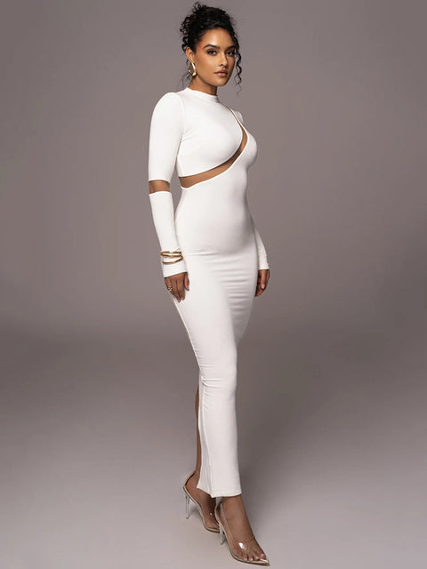 -’s Split Long Sleeve Midi Dress, Hollow Out, Split, Irregular, Irregular, Party, Club, Evening