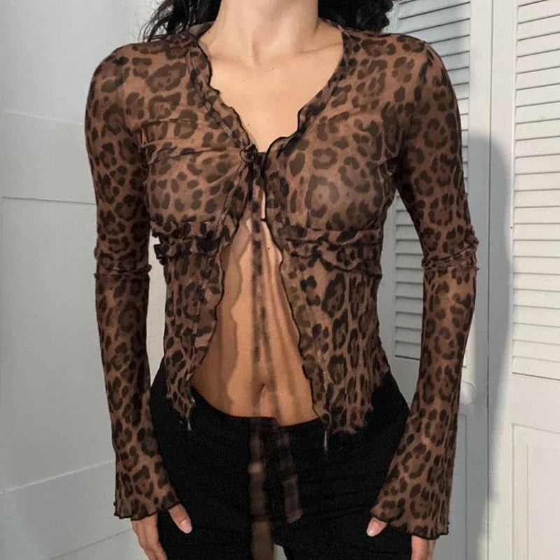 Leopard Print Brown Long Sleeve Crop Top Shirring Detail V-neck Lace-up T-shirt Party Outfits Autumn