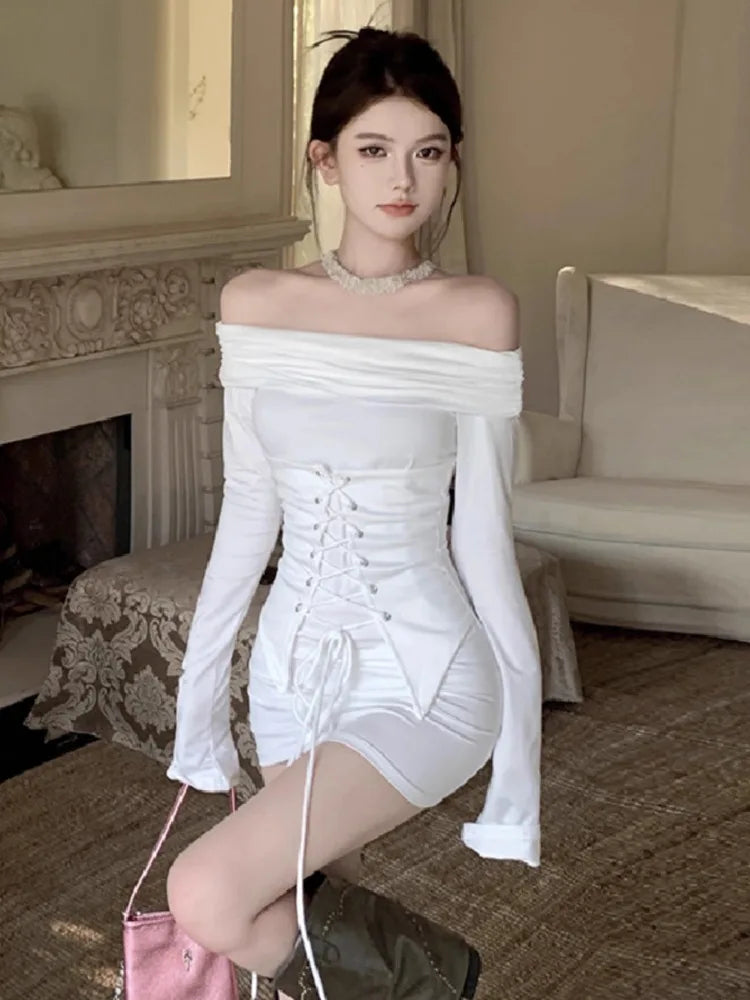 Mini Dresses Bandage Slash Neck Off Shoulder Long Sleeve Backless Slim Party Dress Clubwear