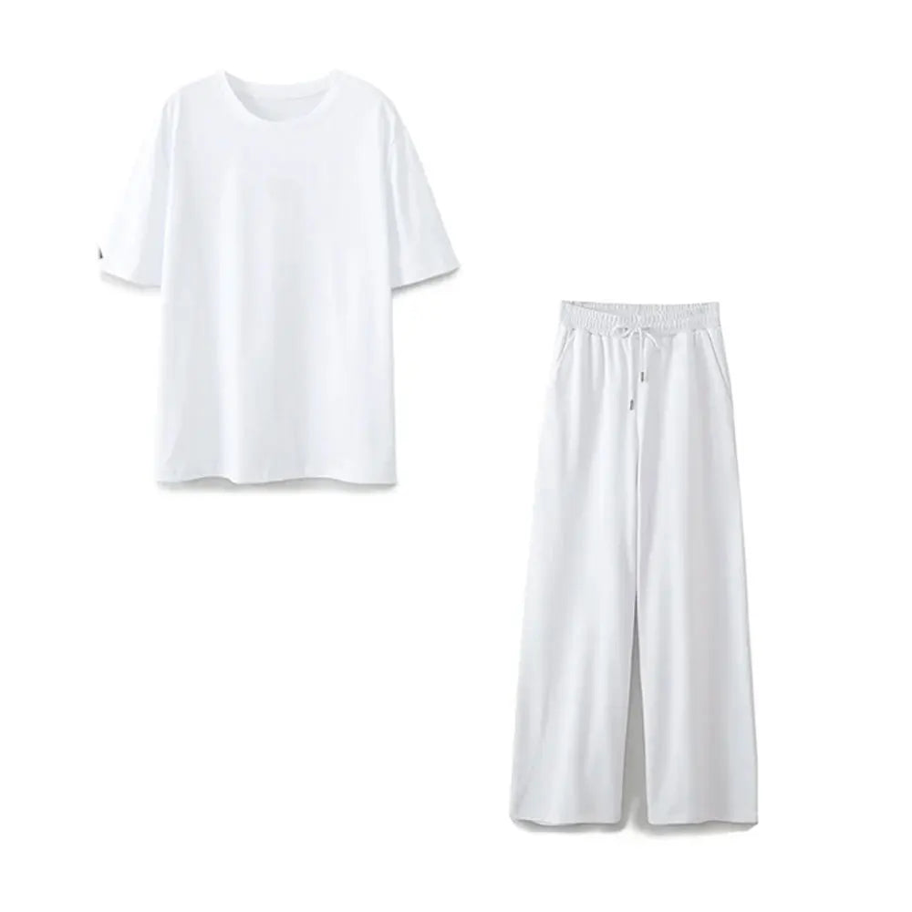 Summer Basic Round Neck Cotton Tshirt Set Short Sleeves Top Female Loose Laceup Straight Leg Pants