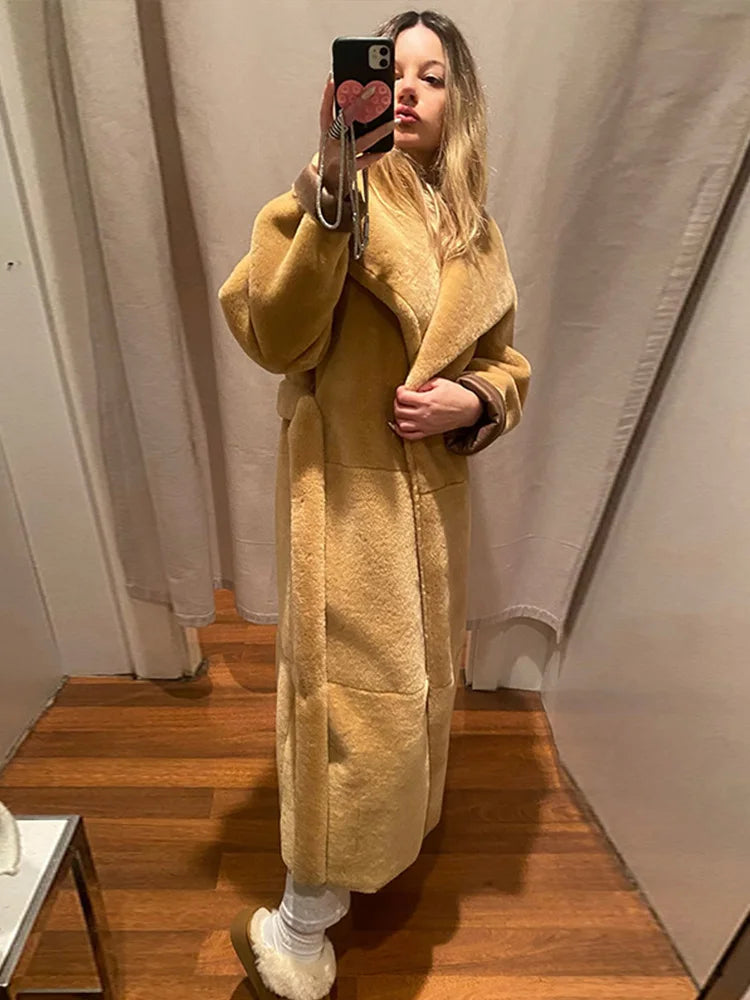Furry Faux Fur Long Coats With Belt Big Lapel Long Sleeve Pocket Plush Overcoats Lady Winter High Street Outwear