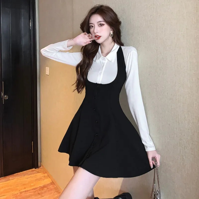 Autumn New Two-piece Skirt Sets Long Sleeve White Blouse High Waist Halter Mini Dress Korean Y2k Harajuku Outfits