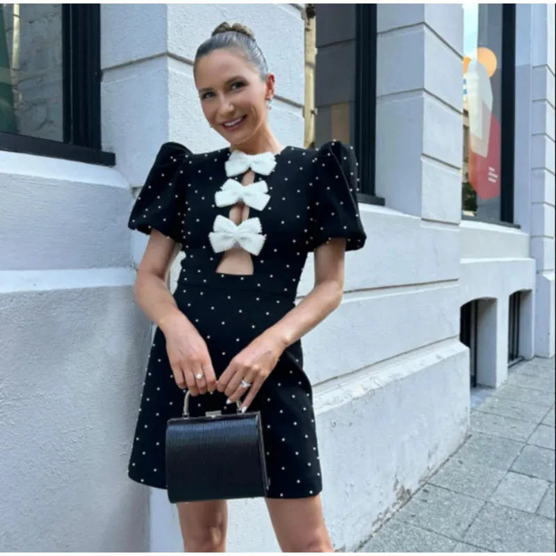 Bow Hollow Out Red Black Mini Dress Puff Sleeve Oneck Party Dresses Summer New Shinny Robe Vestidos
