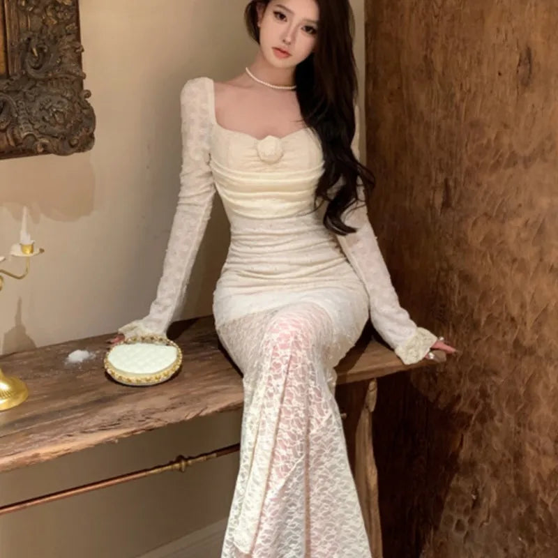 Autumn Lace Maxi Dresses for Off Shoulder Fishtail Bodycon Mermaid Birthday Evening Party Prom Robe Vestidos Mujer