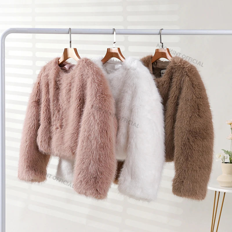 Brand Winter Sweet Pink Cropped Faux Fur Coat Ins Fluffy Fox Fur Jacket Female