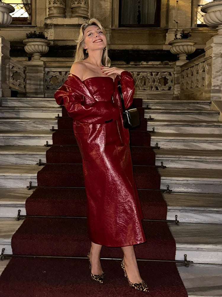 Pu Leather Tube Dresses Suit Coat ’s Set Slim Fit Long Dress Lapel Jackets Sets Female Street Outfits