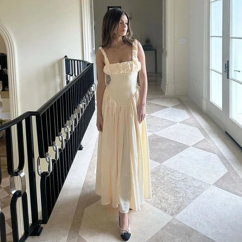 Satin Suspender Maxi Dress for Ruched Splice Sleeveless Club Party Slinky Dress Birthday Robes Female