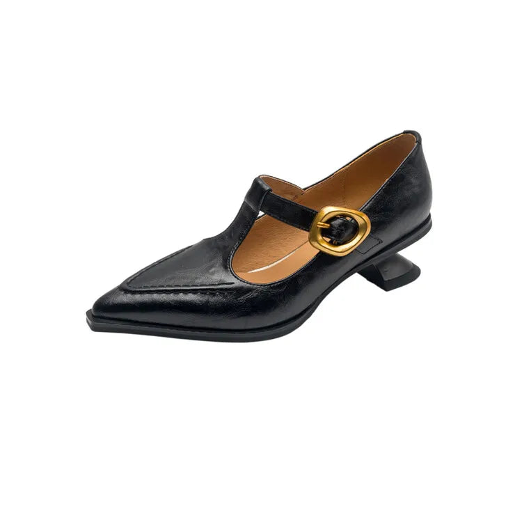 New Autumn/spring Pumps Split Leather Shoes for Pointed Toe Kitten Heel Shoes Soft Retro Buckle Mary Jane Shoe
