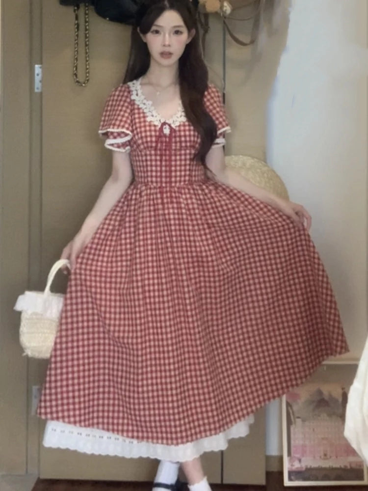Red Plaid Midi Dresses for Lace Patchwork Vneck Aline Sweet Summer New Party Dress Kawaii Vestidos Mujer