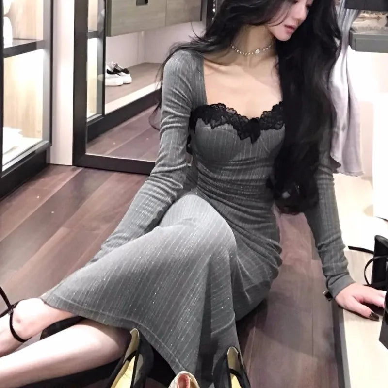 Bodycon Evening Party Dresses Long Sleeve Lace Square Collar Midi Dress High Split Prom Robe Autumn Vestidos New