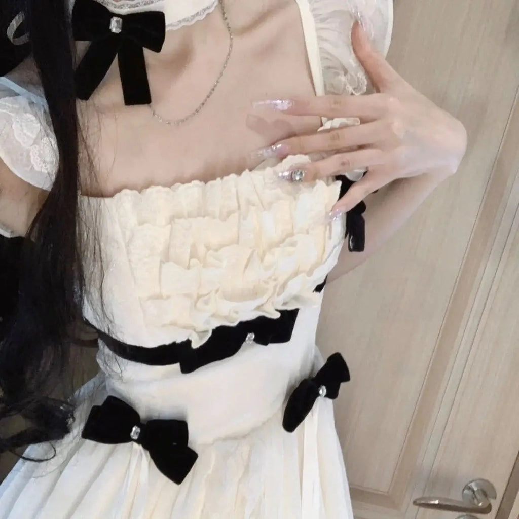 Summer New Korean Style Waist Cinched Slimming Fairy Cake Dress Bow Sweet Flying Sleeve Aline Long Dresses for