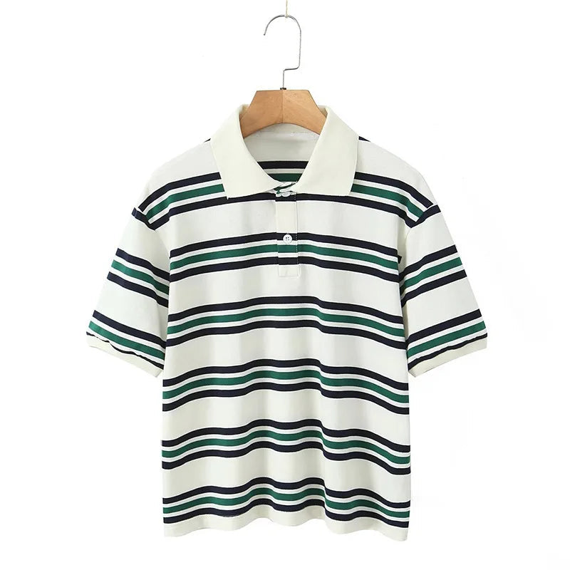 Stripe T-shirt Short Sleeve Female All Match Polo Shirts Summer New Loose Tops High Street