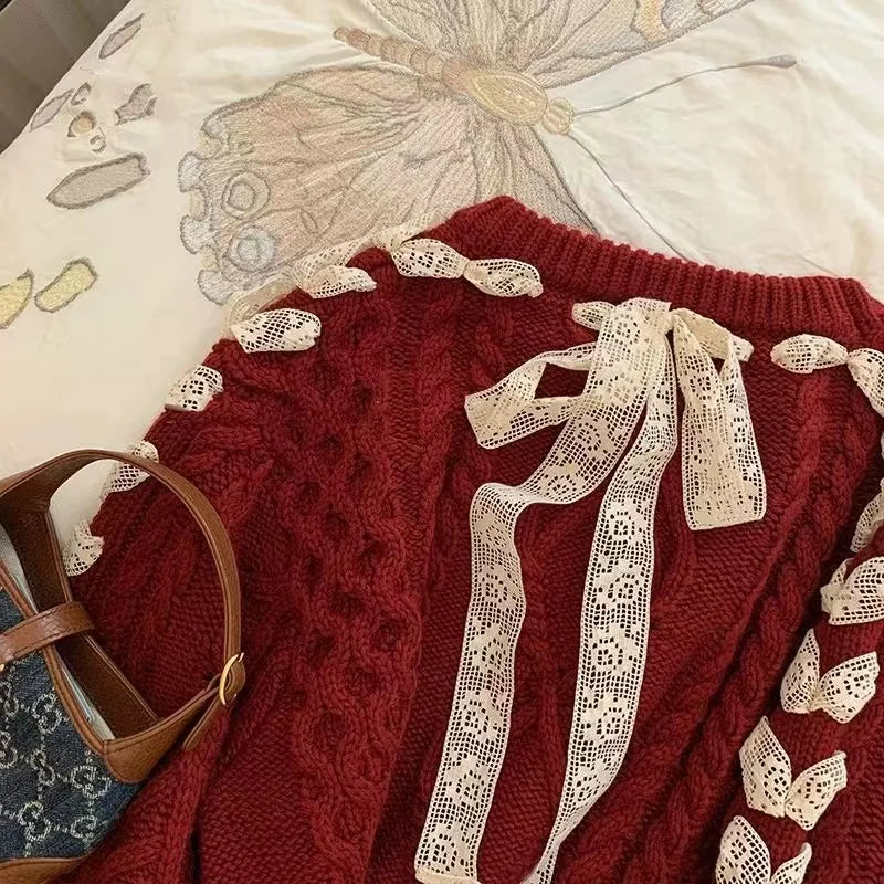Sweet Hot Girl Christmas Red Twist Sweater Autumn/winter Laceup Bow Knitted Pullover Female Clothes