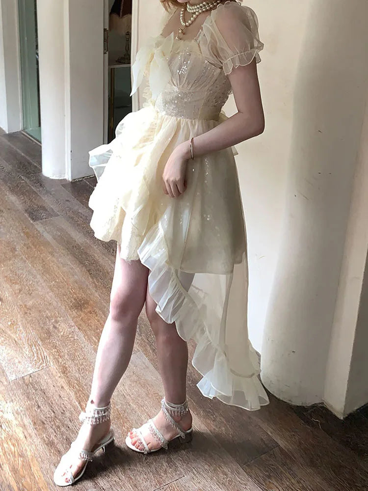French Style Temperament Sweet for Dress New Spring Summer Sequinstighten the Waist Dress Bow Princess Mini Dress