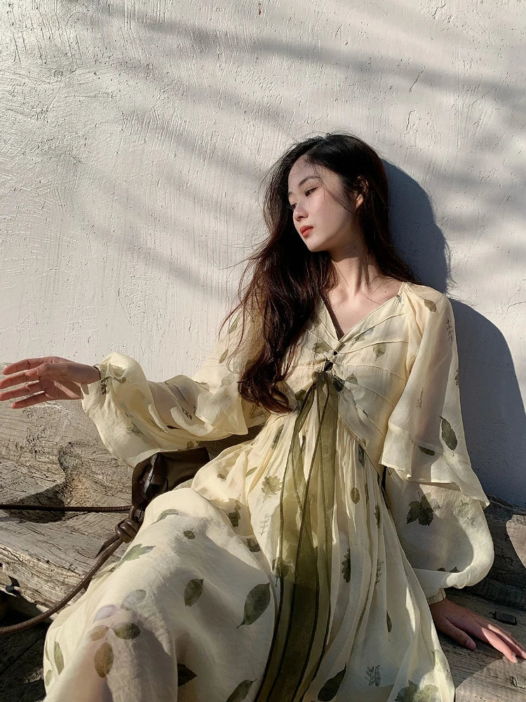 Frehcn Midi Dress Office Lady Vneck Beach Party Dress Summer Chiffon One Piece Dress Korean