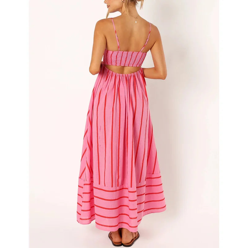 Vacation Dresses Summer Striped Spaghetti Strap Sleeveless High Waist a Line Long Dresses Party Clubwear
