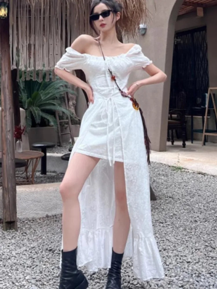 Y2k Long Dresses for Puff Sleeve Lace-up A-line Off Shoulder Club Party Dress Summer New Korean One Piece Vestido