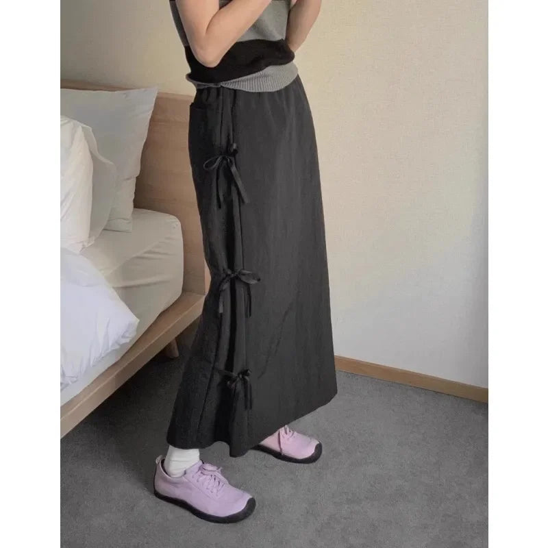 Lace Up Bow Color All Match Aline Skirt Summer New Korean High Waist Loose Midlength Skirt