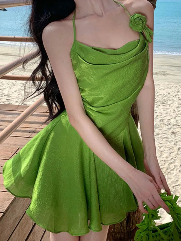 Sweet Green Mini Dress for Halter Sleeveless Party Dresses Summer Holiday Pleated Aline Short Vestidos Mujer