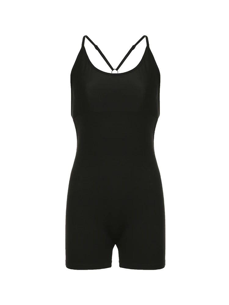 Cross Backless Skinny Black Slip Rompers Playsuit Rave Sports Outfits Summer Vacation Clothing