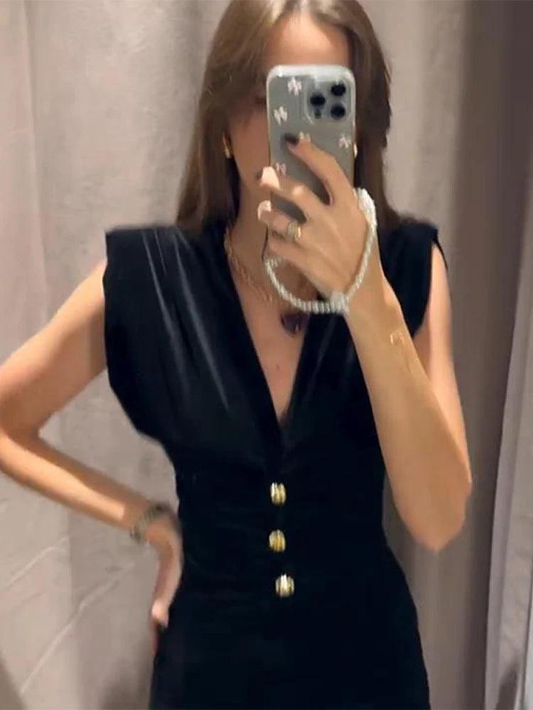 Velvet V-neck Pleated Long Dresses Slim Black Single Metal Breasted Sleeveless Evening Dress Female