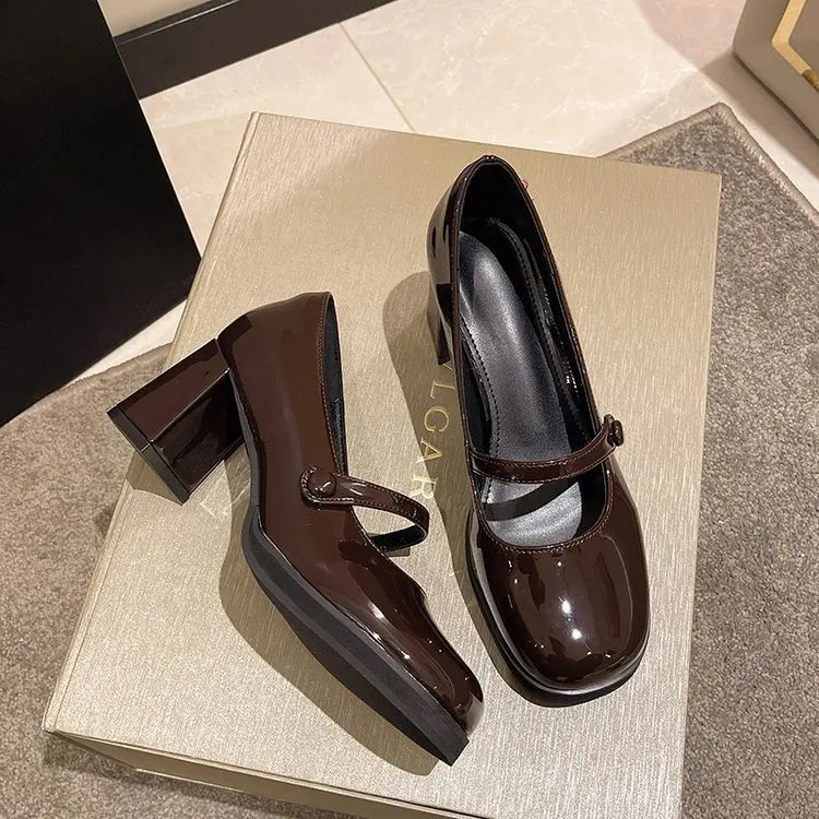 French Retro Leather Chunky Mary Jane Shoes Soft Soled Slipon High Heels Designer Jk Woman Shoes