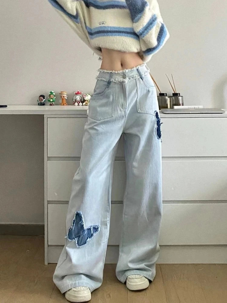 Blue Jeans Y2k Loose Butterfly Patchwork Causal High Waist Denim Pants Retro Bottoms
