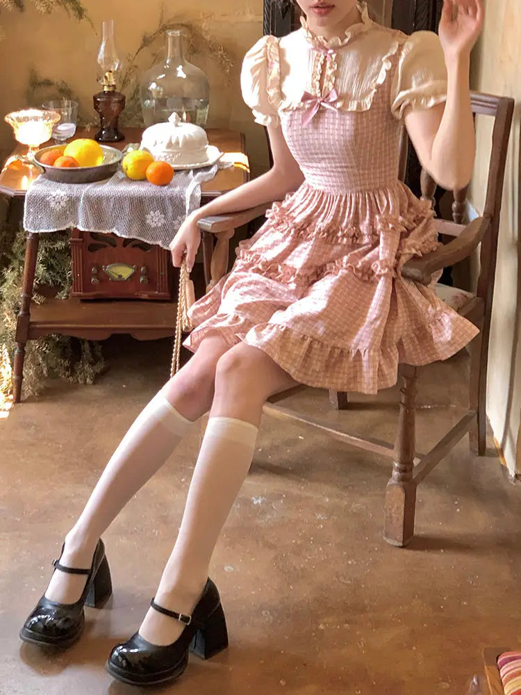 Plaid Dress Short Sleeve Slim Party Y2k Mini Dress Kawaii Clothing One Piece Dress Korean Summer