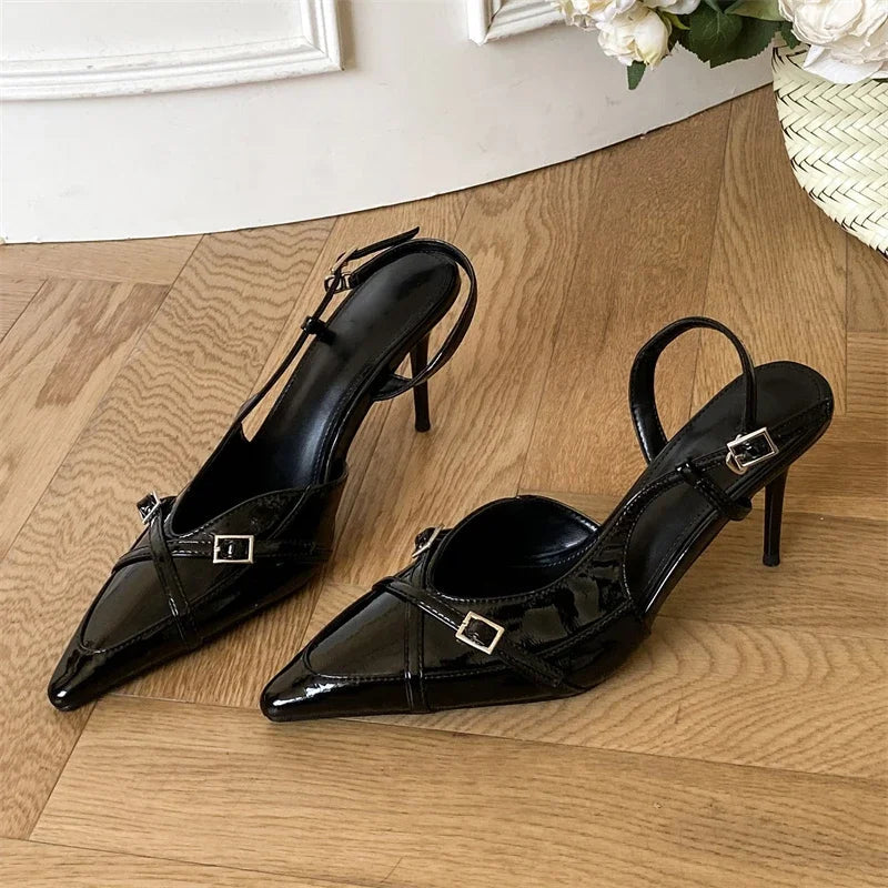 Street Style Buckle Strap Pumps Thin High Heels Pointed Toe Wedding Banquet Mule Shoes Zapatillas De Mujer