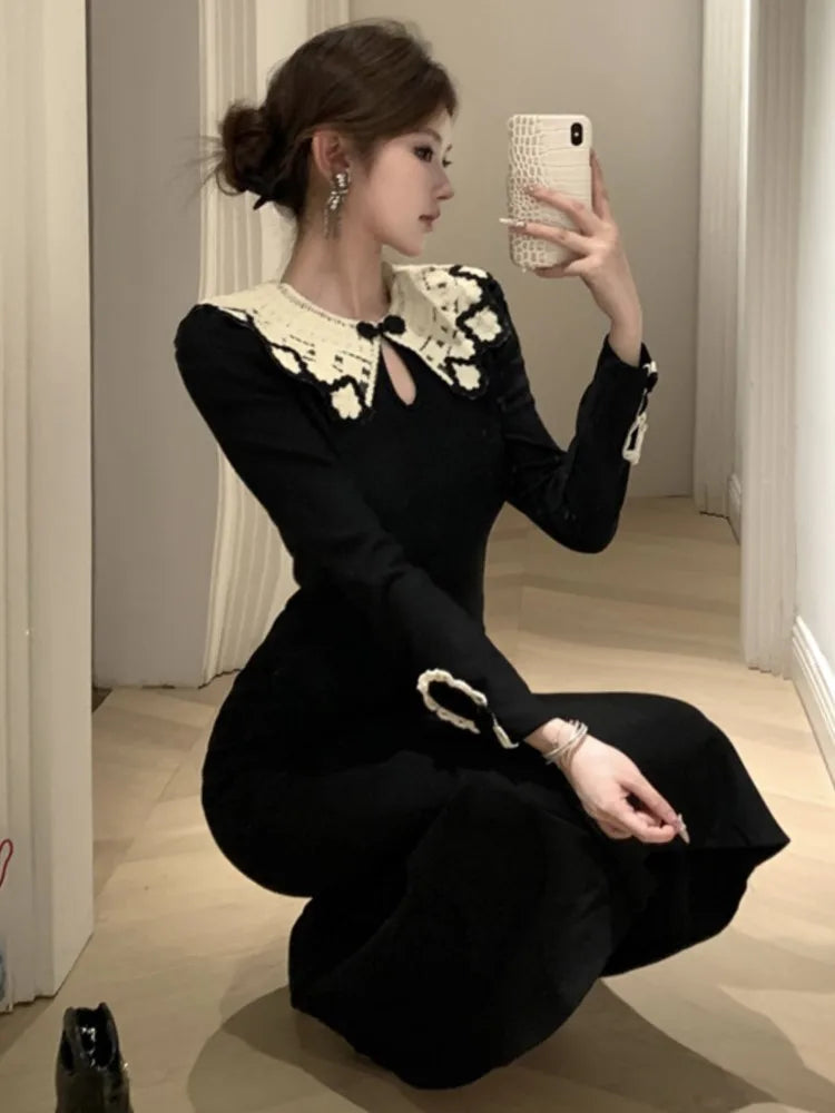 Black Mermaid Dresses French Lace Patchwork Bodycon Evening Party Midi Dress New Vestidos Female Clothes