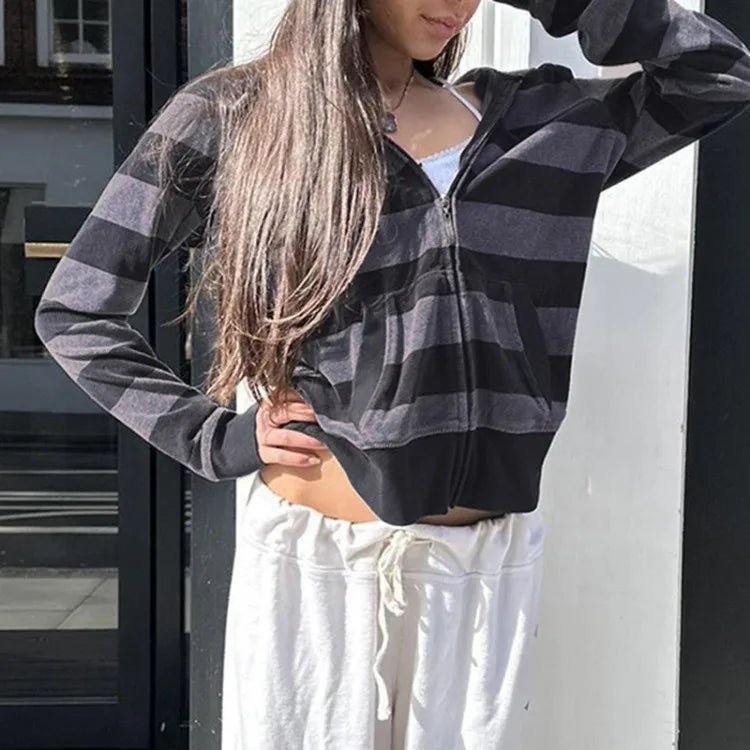 American High Street Striped Hoodie Jackets Spring Autum New Cardigan Coat Y2k Long Sleeve Zipper Tops Mujer