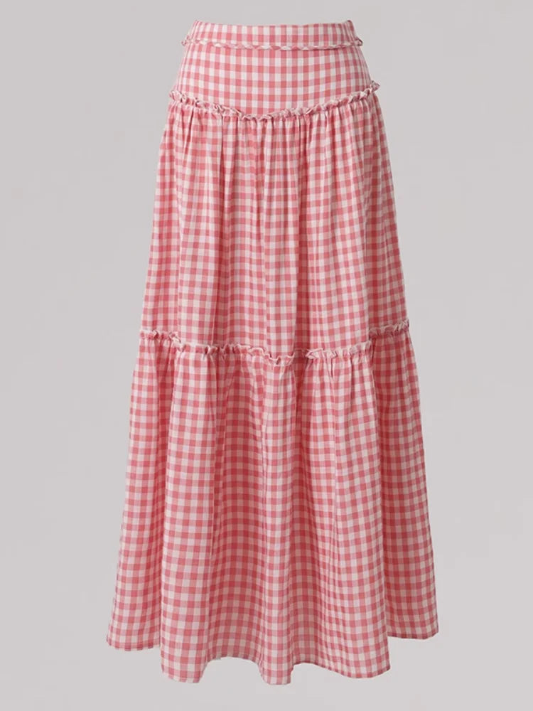 Color Blocking Plaid Design Skirt Summer New Elastic Waist Long Skirt Korean Pastoral Style Aline Skirt