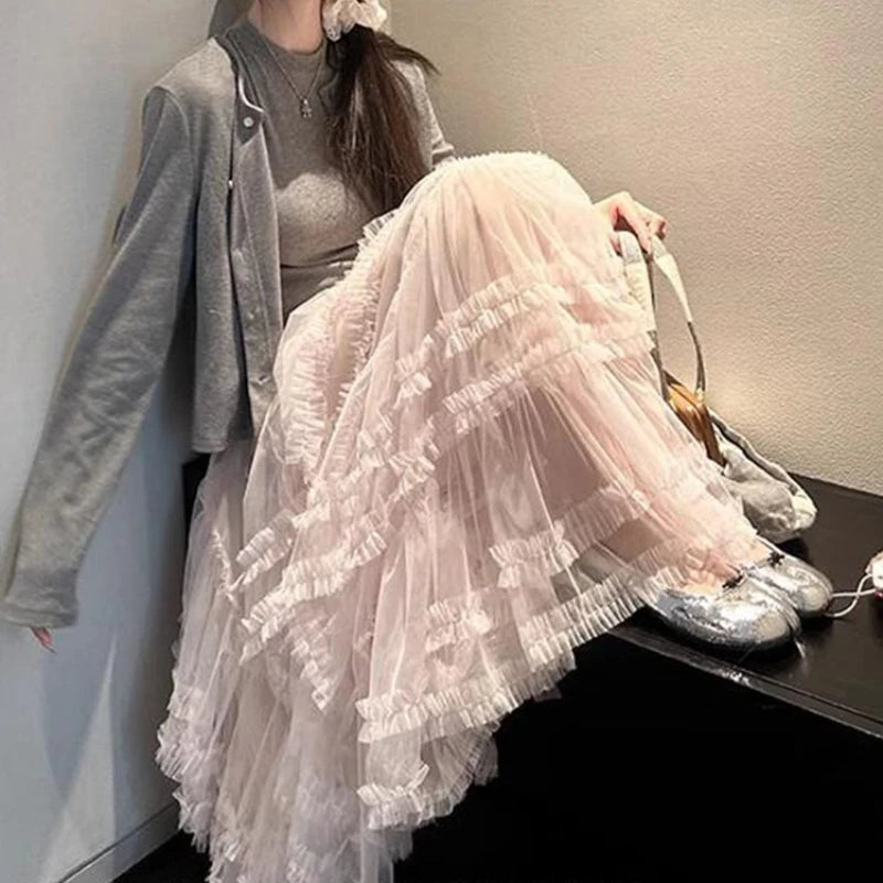 Pleated Loose Mesh Midlength Skirt Summer New Korean High Waist Color All Match Aline Skirt