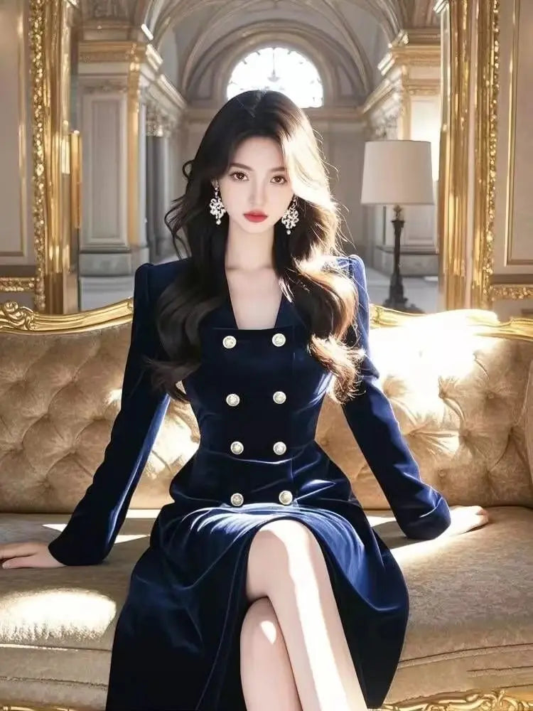 Autumn/winter New French Hepburn Style Blue Velvet Dress for Formal Occasions High End Waist Cinched Slim Maxi Dresses