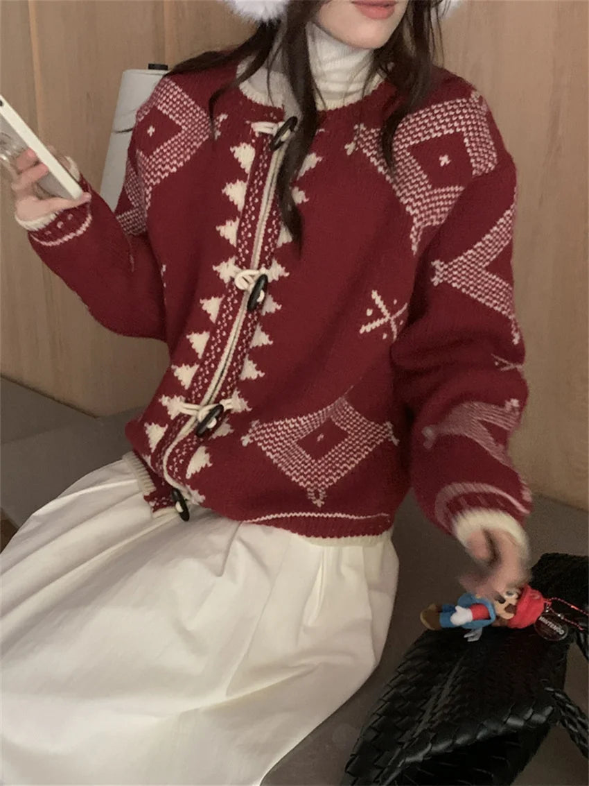 Winter Sweaters Loose Knitwear New Horn Buttons Slim Office Lady Cardigans Daily Coat