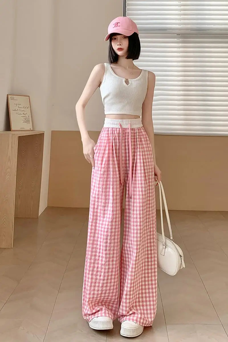 Thin High Waisted Checkered Black and White Wide Leg Pants, Elastic Floor Length Pants, Retro Loose and Versatile