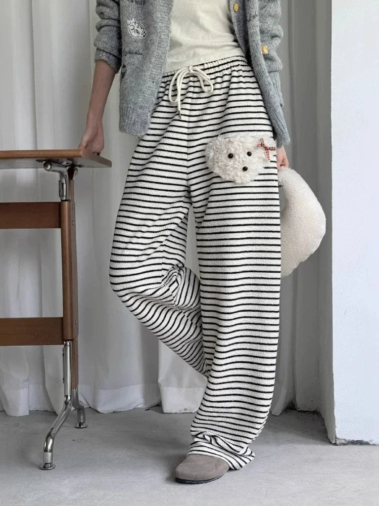 Stripe Dog Graphic Sweatpants Cutecore Cartoon Embroidery Wide Leg Straight Pants Korean Thick Warm Winter Bottoms
