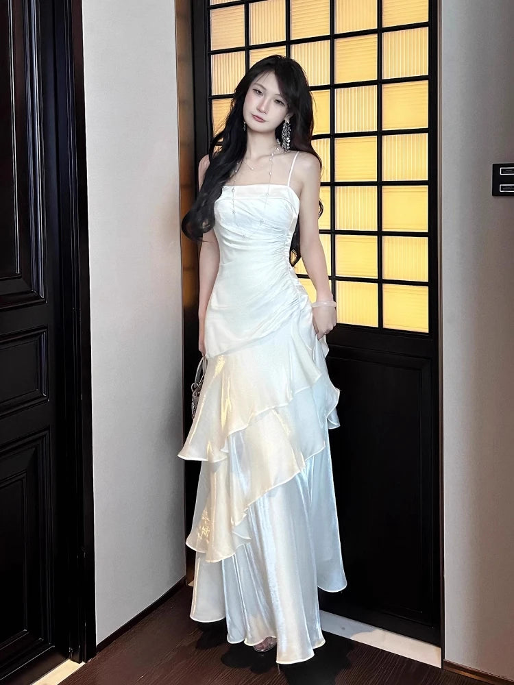 Spring Summer French Spaghetti Strap Long Dresses Female Slim Party Prom Robe One Piece Clothing