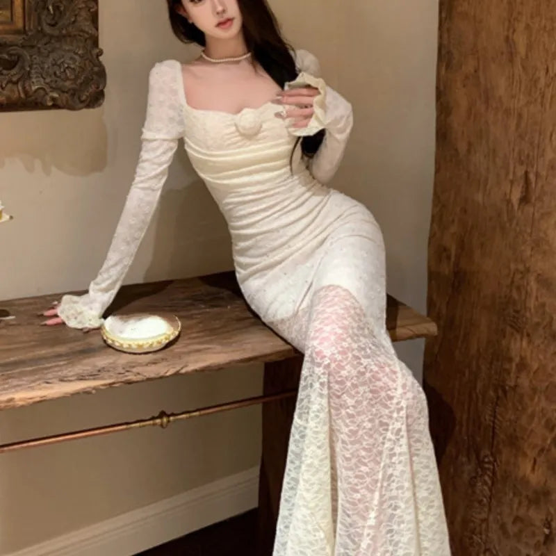 Autumn Lace Maxi Dresses for Off Shoulder Fishtail Bodycon Mermaid Birthday Evening Party Prom Robe Vestidos Mujer