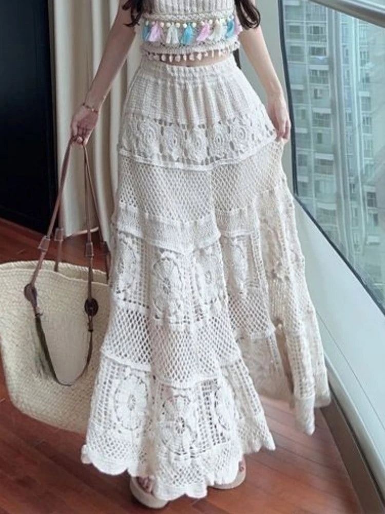 Korean Skirts Gentle Heavy Industry French Hollow Out Hook Flower Design Knit Skirt Aline Skirt